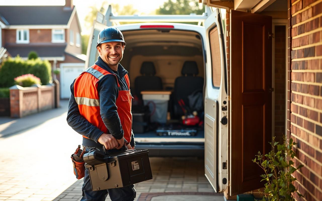 Tradesman arriving at a suburban home with a toolbox