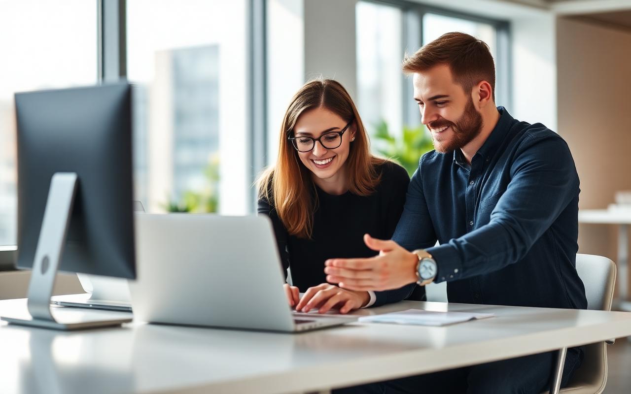 Small B2B SaaS team reviewing a laptop together in a bright office