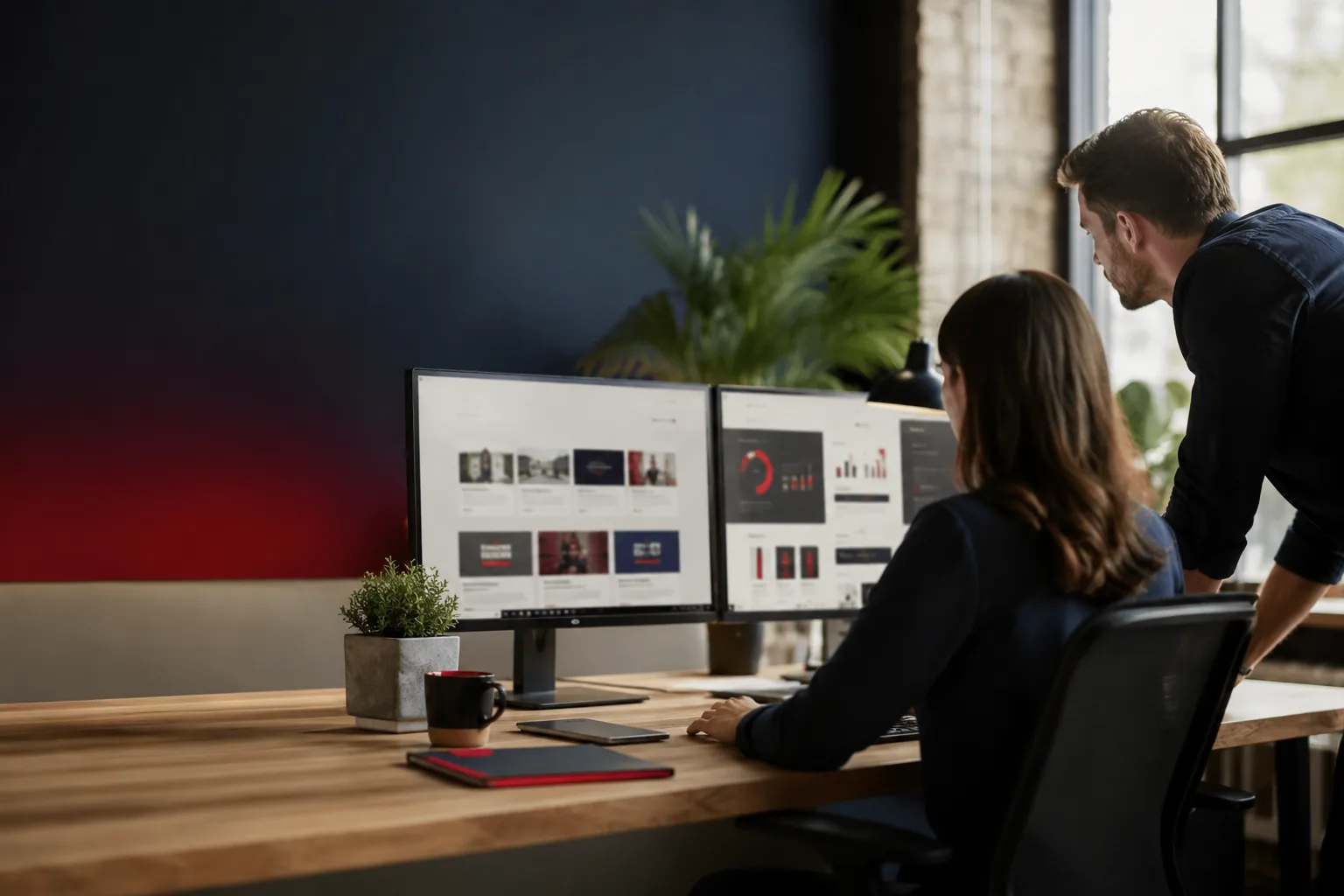 Two people collaborating on digital work at a dual-monitor workstation