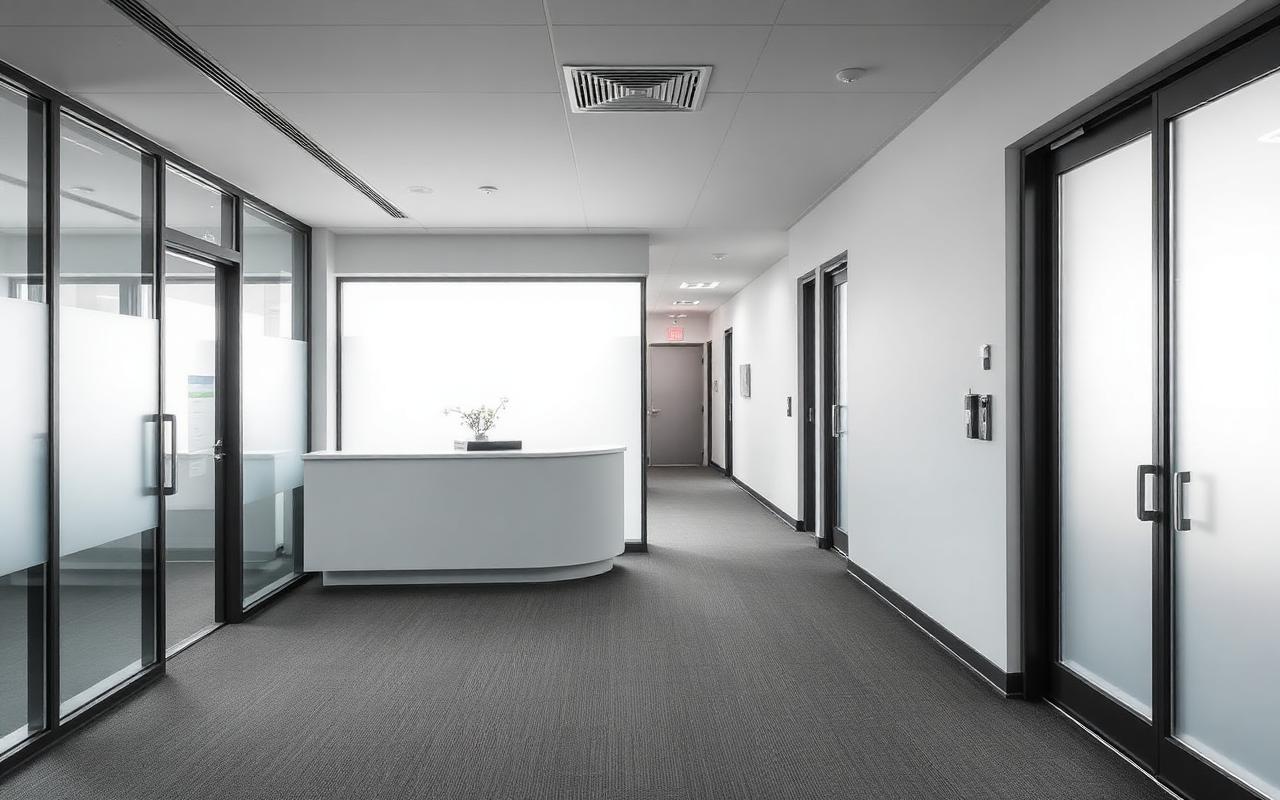 Modern clinic reception and corridor with soft natural light