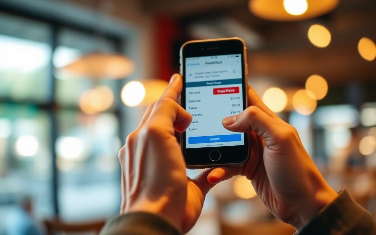 Close-up of hands completing an ecommerce checkout on a smartphone