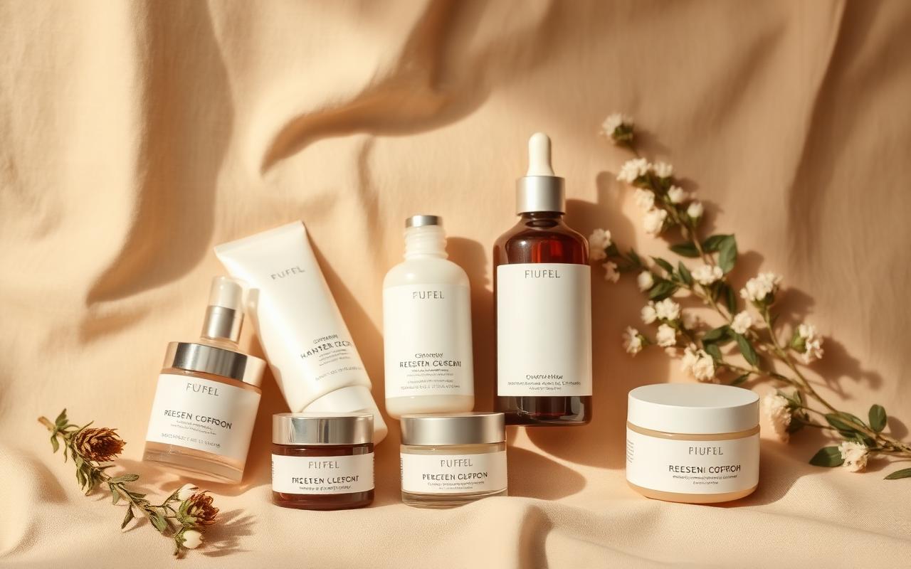 Editorial flatlay of premium skincare products on warm linen backdrop