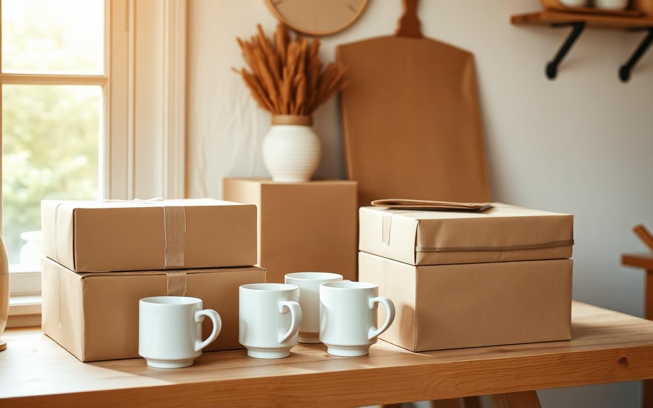 Independent homewares packing station with ceramic mugs and kraft boxes