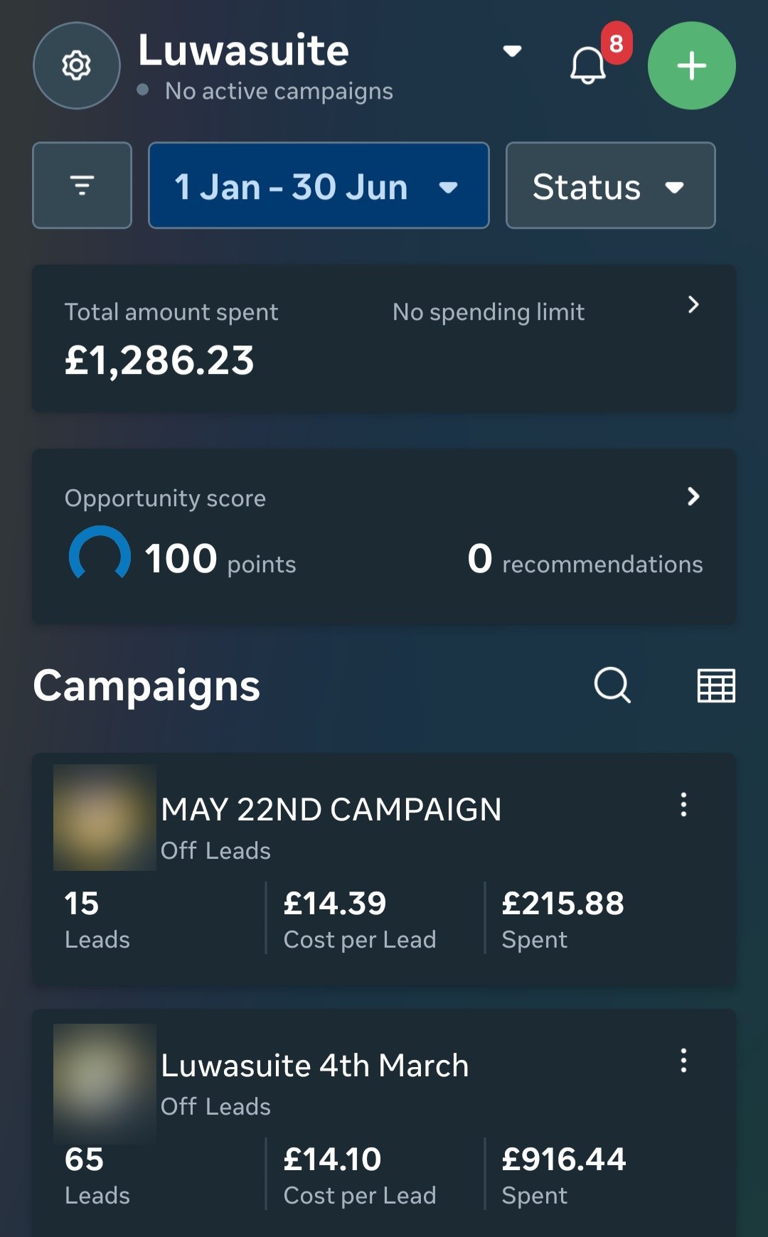 Meta Ads campaign dashboard for Luwasuite showing MAY 22ND CAMPAIGN with 15 leads at £14.39 cost per lead and Luwasuite 4th March with 65 leads at £14.10 cost per lead, with campaign creative thumbnails blurred.