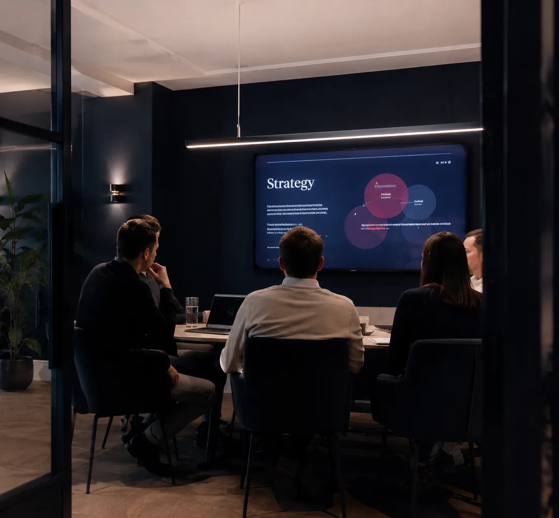 A strategy session in a dark, modern boardroom with a dashboard on the wall screen