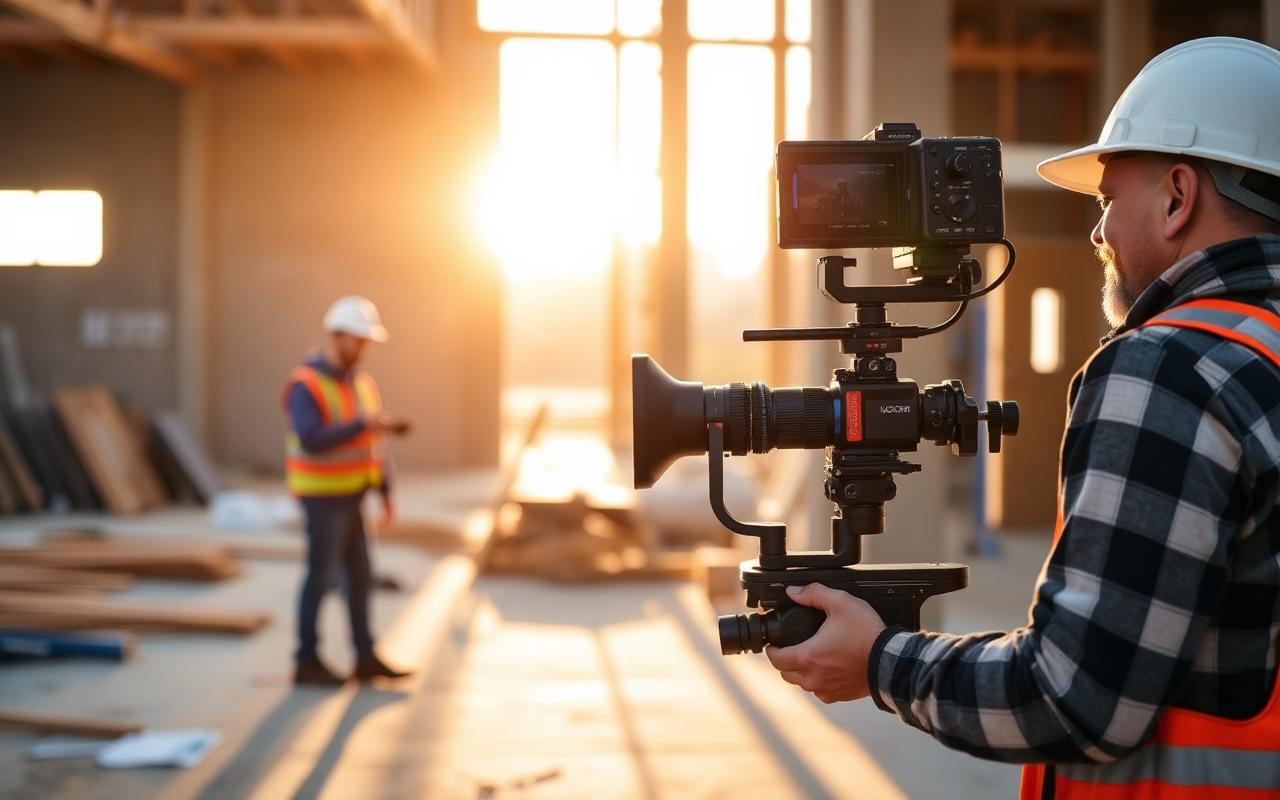 Videographer with a camera on a gimbal filming a tradesman on a construction site at golden hour