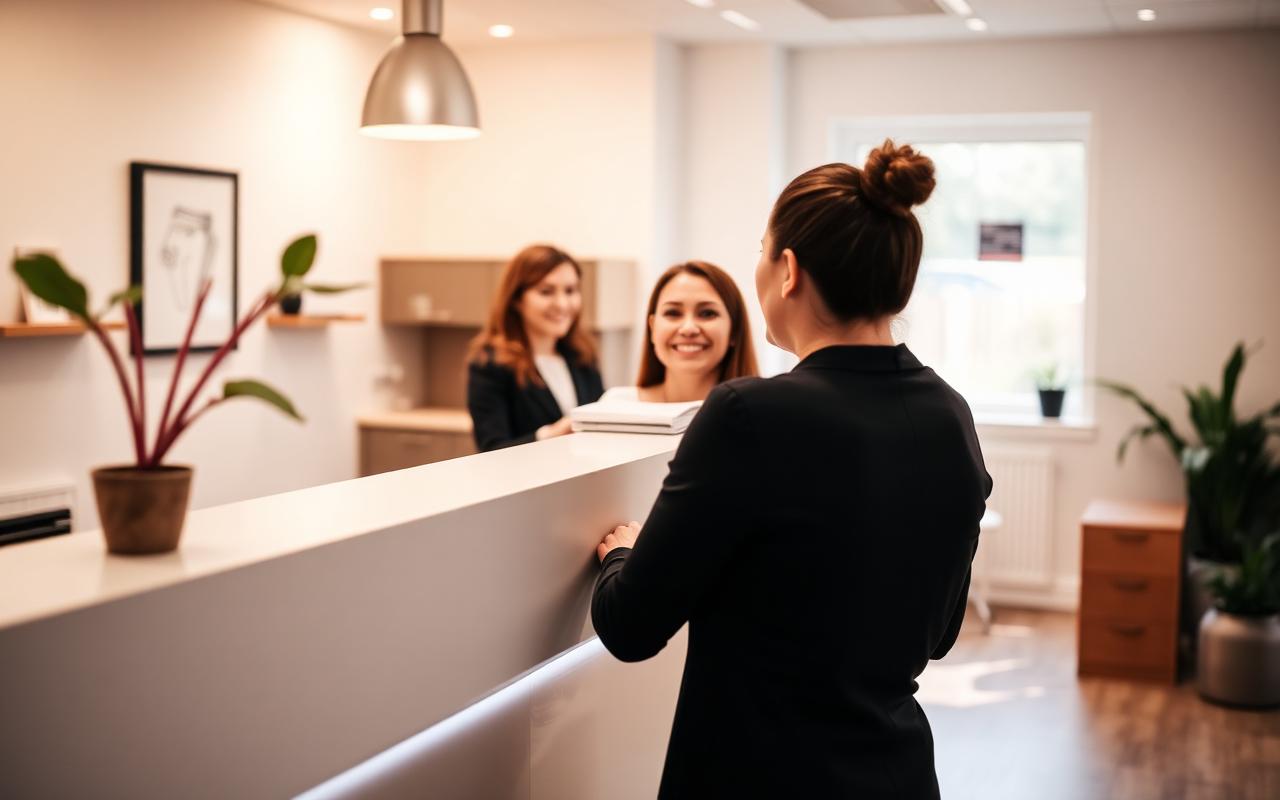 Bright modern dental practice reception with staff greeting a patient